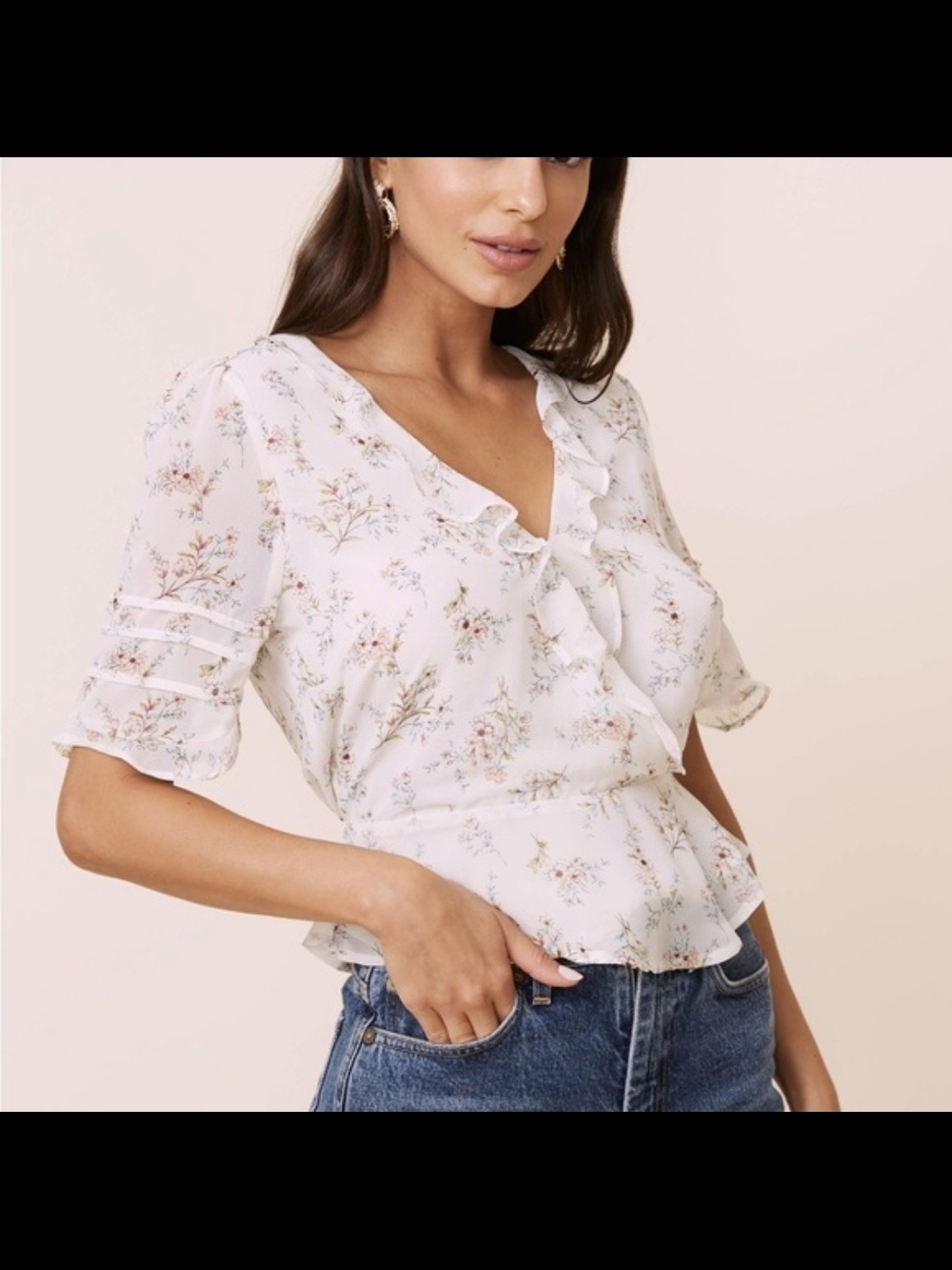 ASTR The Label Floral Ruffle Peplum Blouse Ivory Floral Size XL